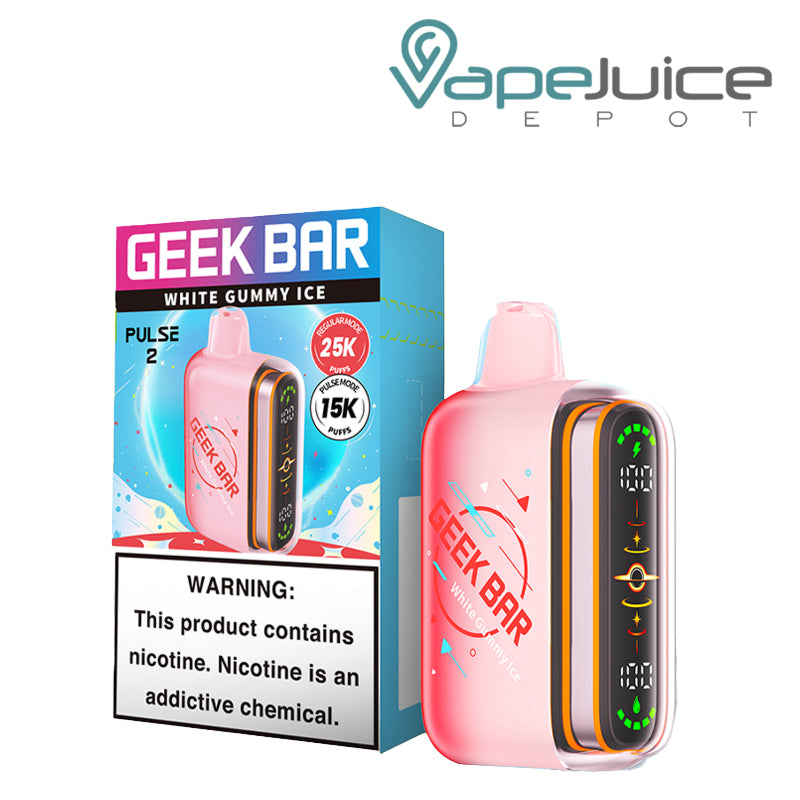 A Box of White Gummy Ice Geek Bar Pulse 2 25K Disposable with a warning sign and a device next to it - Vape Juice Depot
