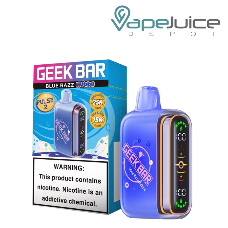 A Box of Blue Razz Geek Bar Pulse 2 25K Disposable Hubba Edition with a warning sign and a device next to it - Vape Juice Depot