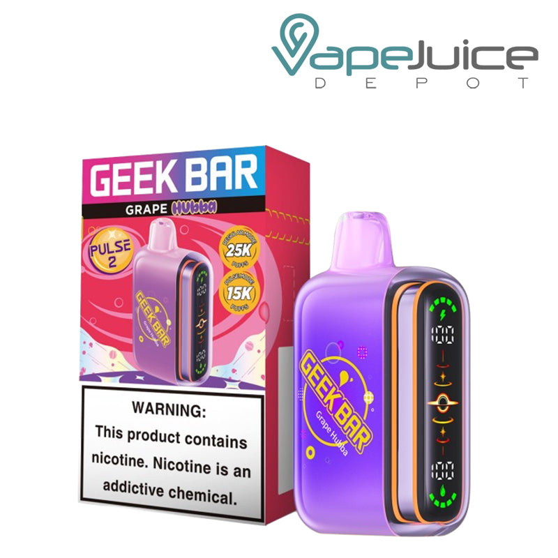 A Box of Grape Geek Bar Pulse 2 25K Disposable Hubba Edition with a warning sign and a device next to it - Vape Juice Depot