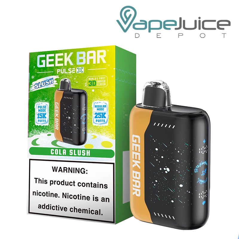 A Box of Cola Slush Geek Bar Pulse X 25000 Disposable with a warning sign and a disposable next to it - Vape Juice Depot