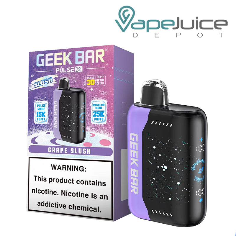 A Box of Grape Slush Geek Bar Pulse X 25000 Disposable with a warning sign and a disposable next to it - Vape Juice Depot