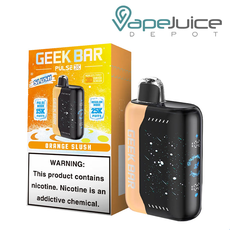 A Box of Orange Slush Geek Bar Pulse X 25000 Disposable with a warning sign and a disposable next to it - Vape Juice Depot