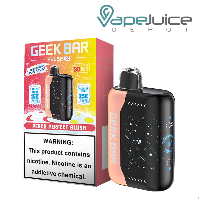 A Box of Peach Perfecy Slush Geek Bar Pulse X 25000 Disposable with a warning sign and a disposable next to it - Vape Juice Depot