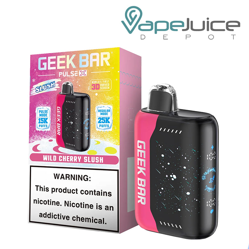 A Box of Wild Cherry Slush Geek Bar Pulse X 25000 Disposable with a warning sign and a disposable next to it - Vape Juice Depot