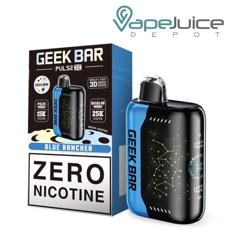 A box of Blue Rancher Geek Bar Pulse X 25K Zero Nicotine Disposable with a warning sign and a disposable next to it - Vape Juice Depot