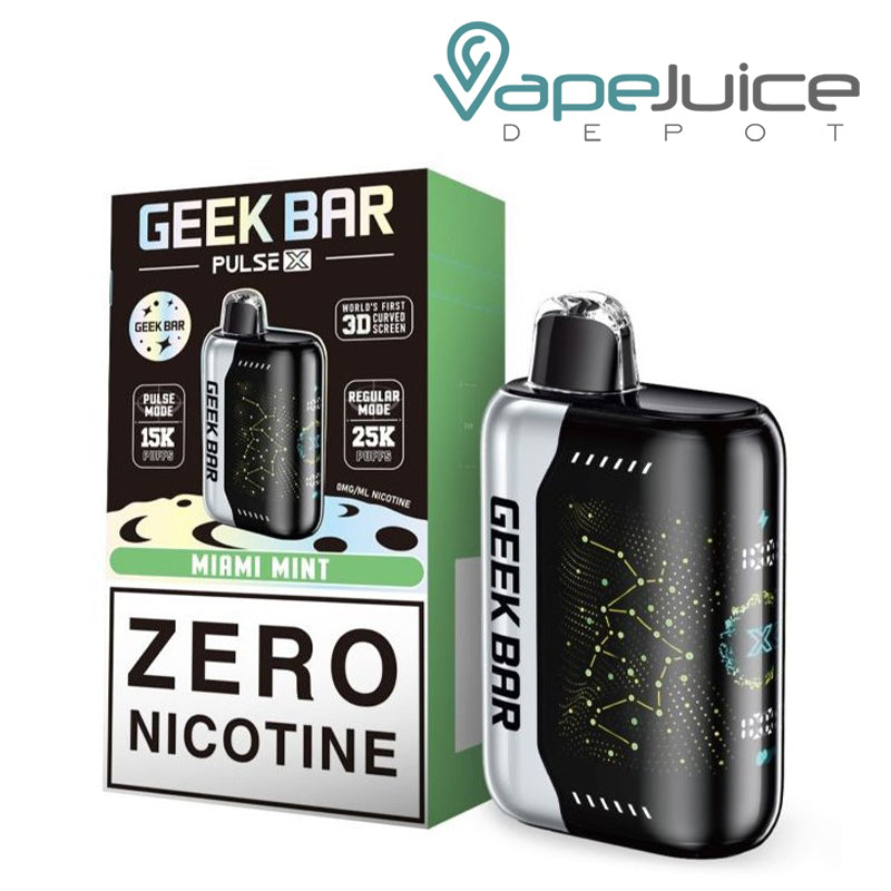 A box of Miami Mint Geek Bar Pulse X 25K Zero Nicotine Disposable with a warning sign and a disposable next to it - Vape Juice Depot