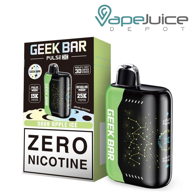 A box of Sour Apple Ice Geek Bar Pulse X 25K Zero Nicotine Disposable with a warning sign and a disposable next to it - Vape Juice Depot