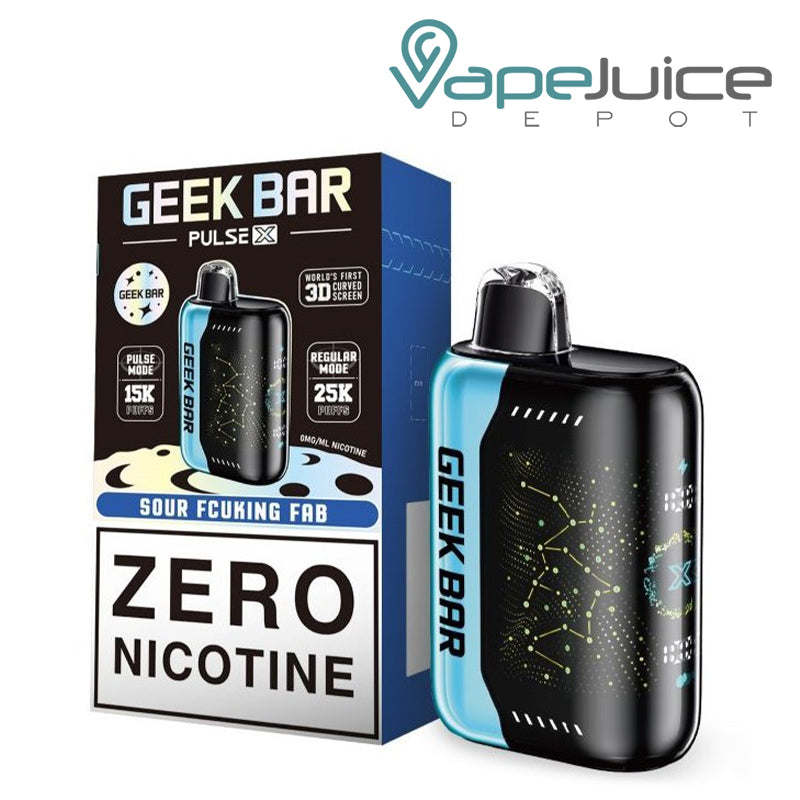 A box of Sour Fcuking fab Geek Bar Pulse X 25K Zero Nicotine Disposable with a warning sign and a disposable next to it - Vape Juice Depot