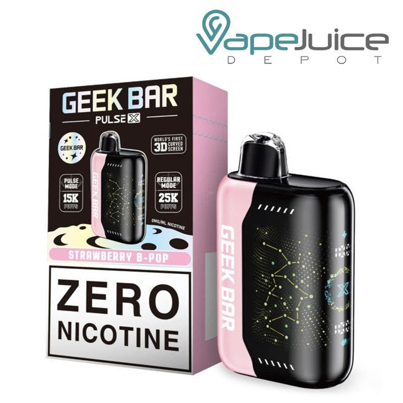 A box of Strawberry B-Pop Geek Bar Pulse X 25K Zero Nicotine Disposable with a warning sign and a disposable next to it - Vape Juice Depot