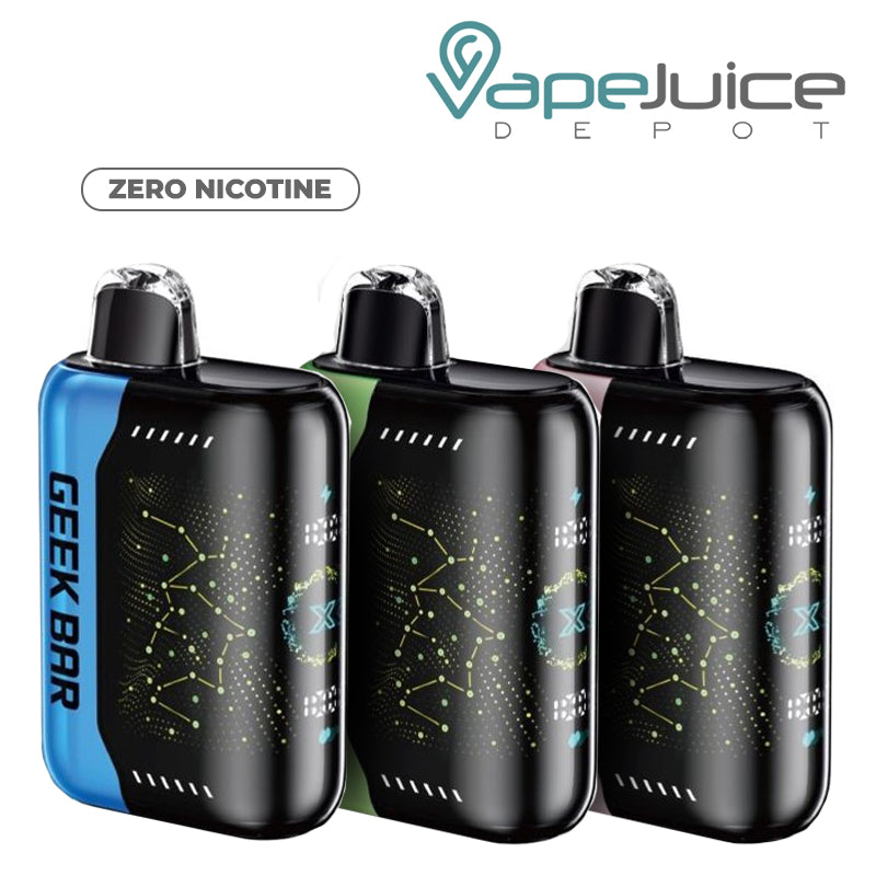 Three Geek Bar Pulse X 25K Zero Nicotine Disposables next to each other - Vape Juice Depot