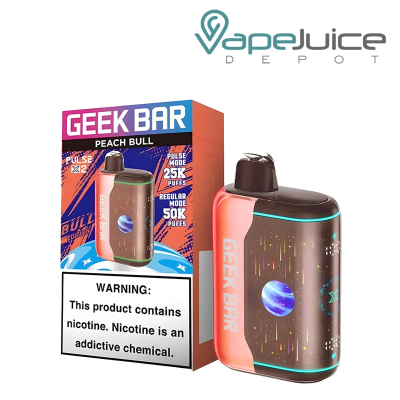 A Box of Peach Bull Geek Bar Pulse X2 50K Disposable with a warning sign and a device next to it - Vape Juice Depot