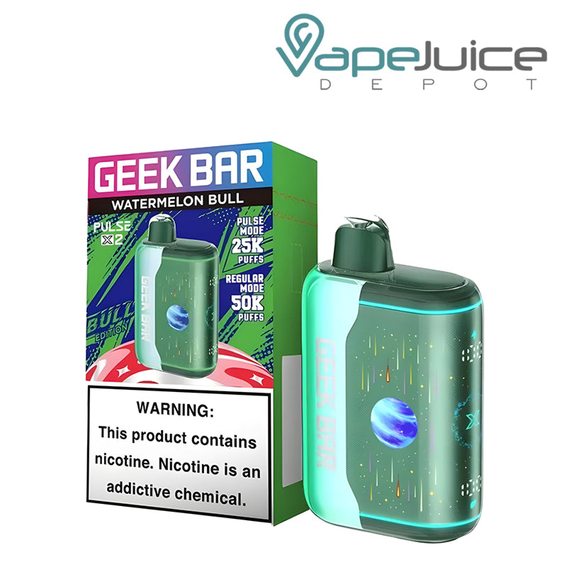 A Box of Watermelon Bull Geek Bar Pulse X2 50K Disposable with a warning sign and a device next to it - Vape Juice Depot