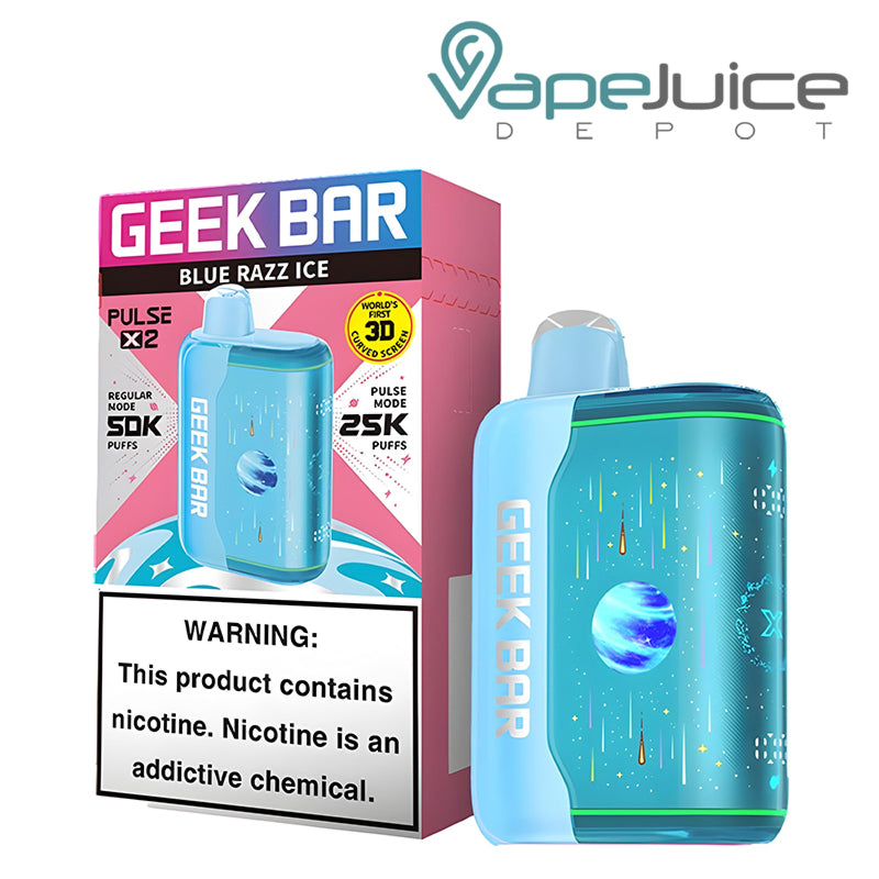 A Box of Blue Razz Ice Geek Bar Pulse X2 50K Disposable with a warning sign and a device next to it - Vape Juice Depot