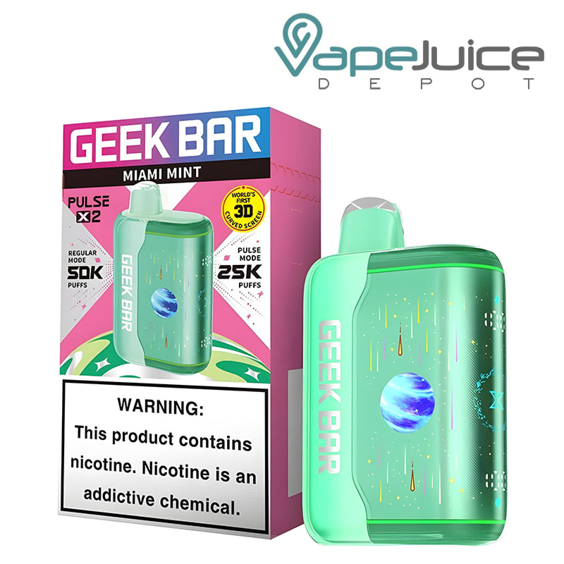 A Box of Miami Mint Geek Bar Pulse X2 50K Disposable with a warning sign and a device next to it - Vape Juice Depot