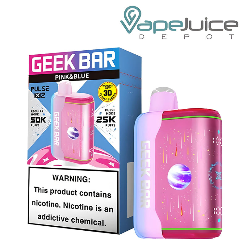 A Box of Pink & Blue Geek Bar Pulse X2 50K Disposable with a warning sign and a device next to it - Vape Juice Depot