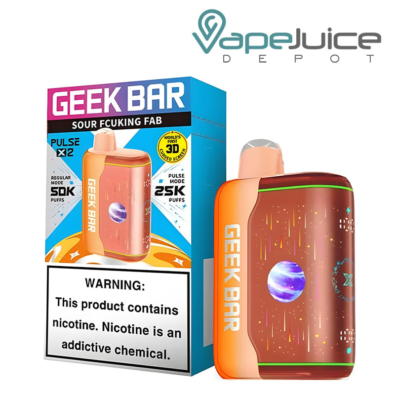 A Box of Sour Fcuking Fab Geek Bar Pulse X2 50K Disposable with a warning sign and a device next to it - Vape Juice Depot