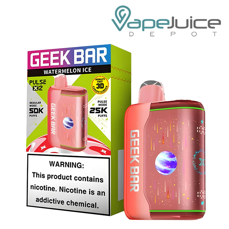 A Box of Watermelon Ice Geek Bar Pulse X2 50K Disposable with a warning sign and a device next to it - Vape Juice Depot