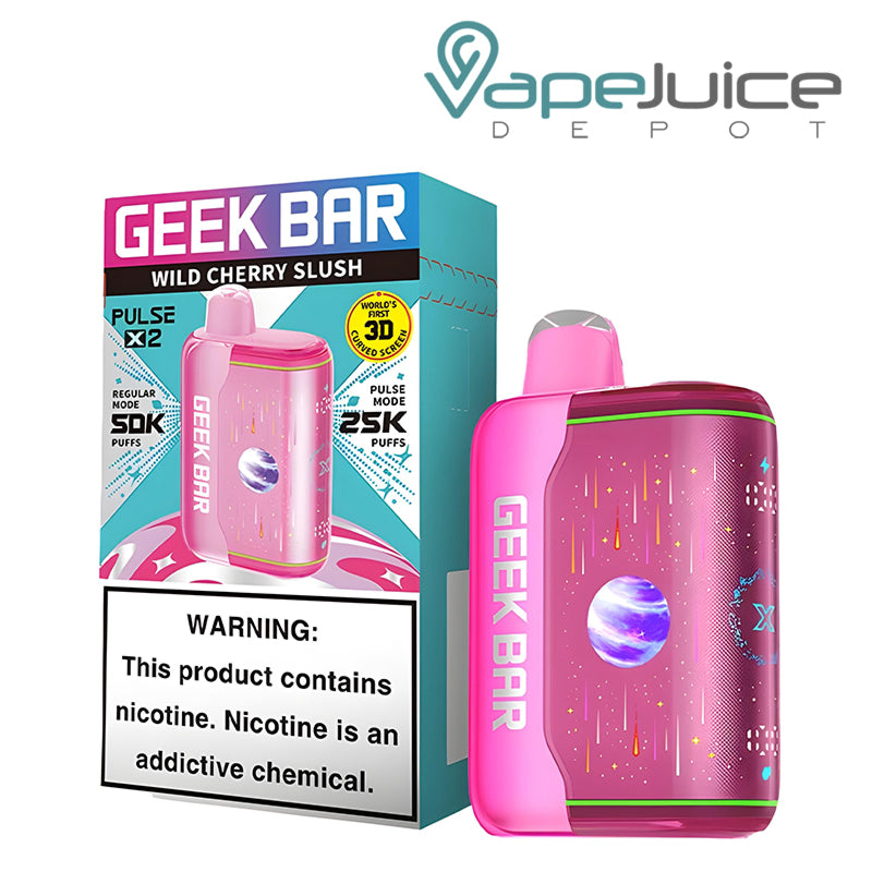 A Box of Wild Cherry Slush Geek Bar Pulse X2 50K Disposable with a warning sign and a device next to it - Vape Juice Depot