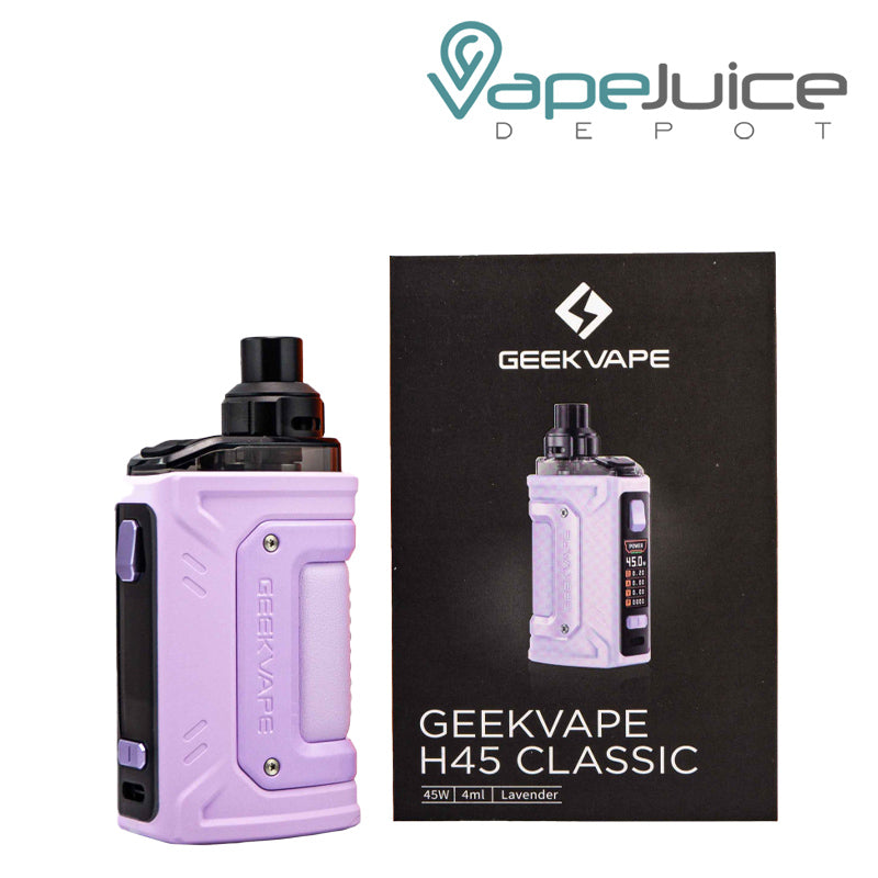 Lavender GeekVape H45 Classic Pod Kit and a box next to it - Vape Juice Depot