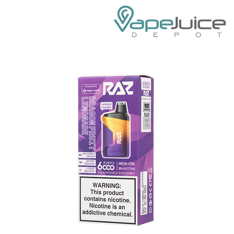 A bvox of Geek Vape RAZ CA6000 Disposable with a warning sign - Vape Juice Depot