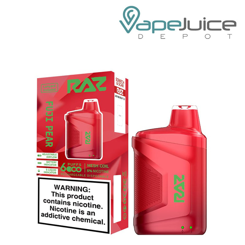 A Box of Fuji Pear Geek Vape RAZ CA6000 Disposable with a warning sign and a disposable next to it - Vape Juice Depot