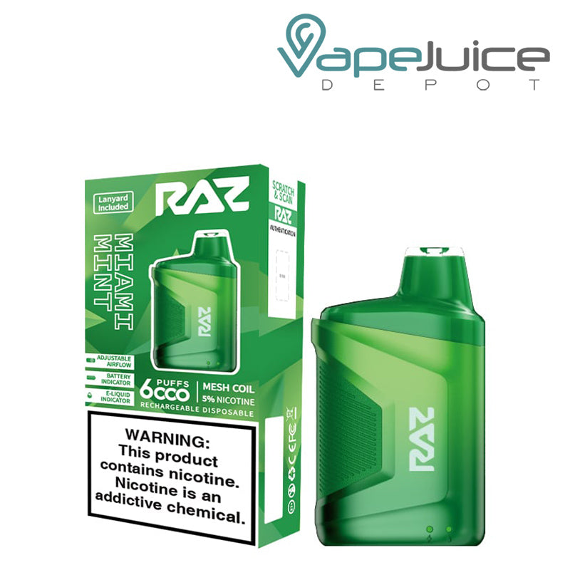 A Box of Miami Mint Geek Vape RAZ CA6000 Disposable with a warning sign and a disposable next to it - Vape Juice Depot