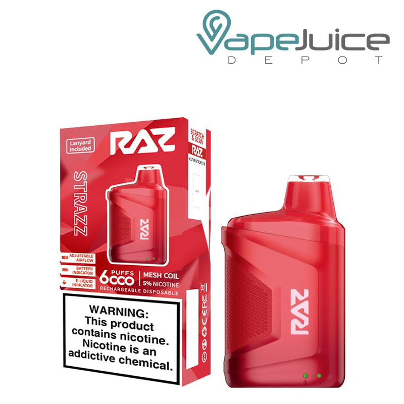 A Box of Strazz Geek Vape RAZ CA6000 Disposable with a warning sign and a disposable next to it - Vape Juice Depot