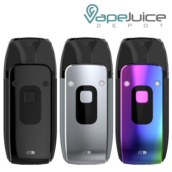 Three colors of GeekVape AP2 Pod System Kit with a firing button - Vape Juice Depot