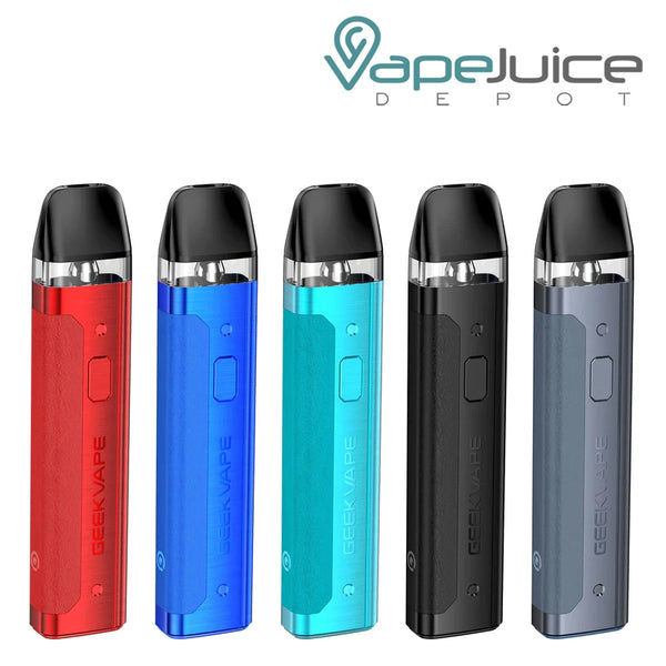 Five colors of GeekVape AQ (Aegis Q) Pod Kit with a firing button - Vape Juice Depot