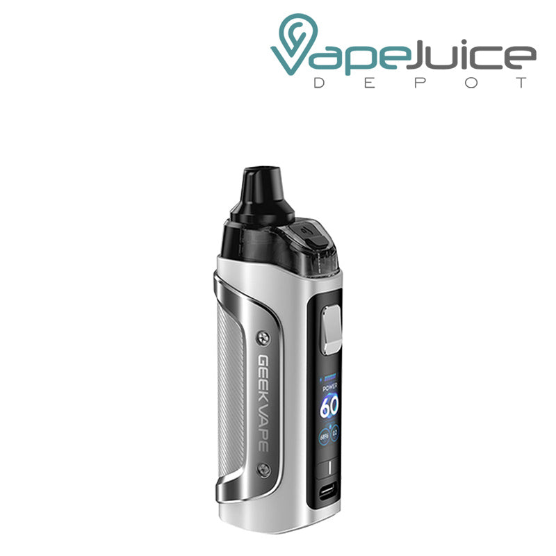 Silver GeekVape Aegis Boost 3 Pod Kit with display screen and firing button - Vape Juice Depot