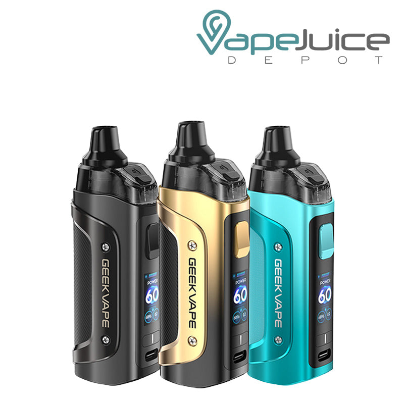 Three Colors of GeekVape Aegis Boost 3 Pod Kit with display screen and firing button - Vape Juice Depot