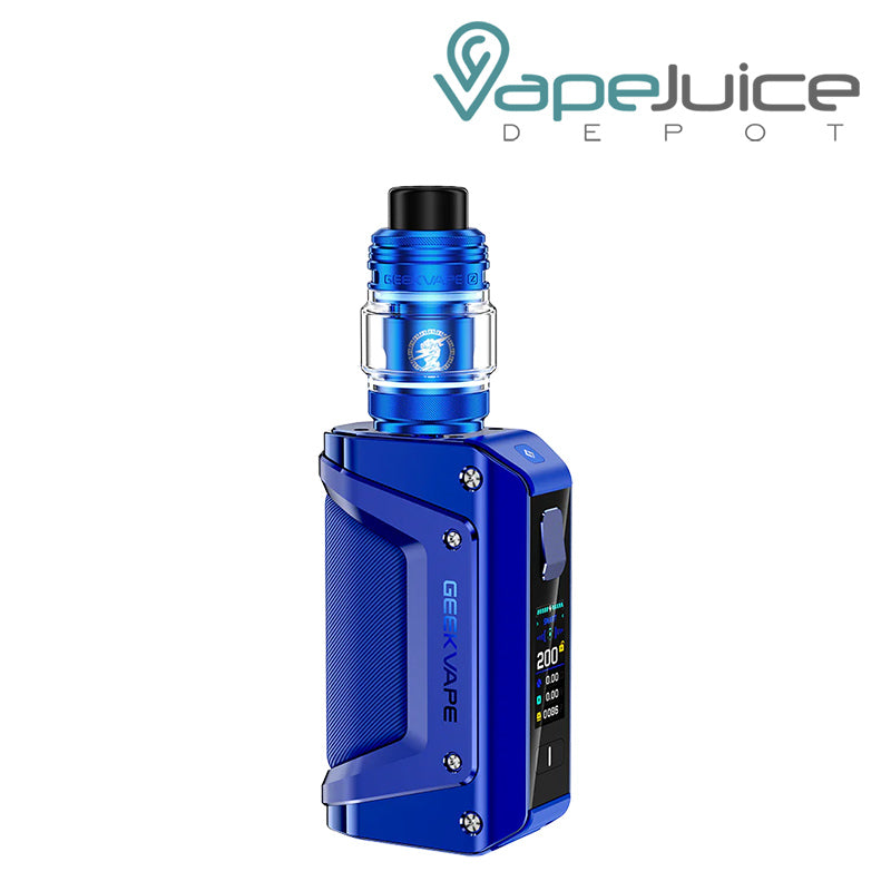 Blue GeekVape Aegis Legend 3 Kit (L200) with a display screen and adjustment button - Vape Juice Depot