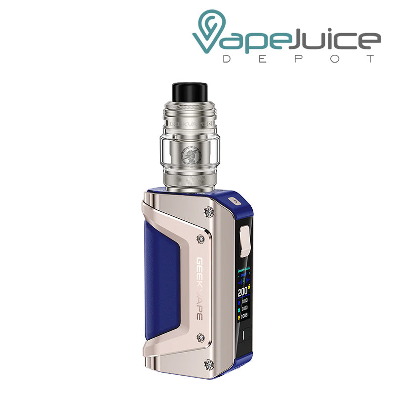 Golden Blue GeekVape Aegis Legend 3 Kit (L200) with a display screen and adjustment button - Vape Juice Depot