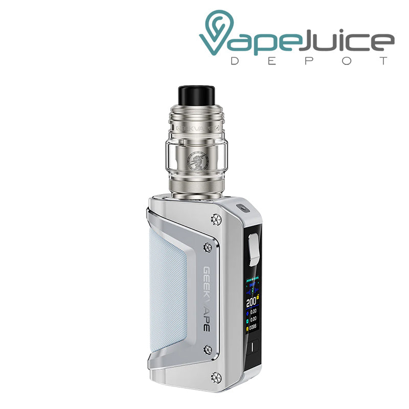 Silver GeekVape Aegis Legend 3 Kit (L200) with a display screen and adjustment button - Vape Juice Depot