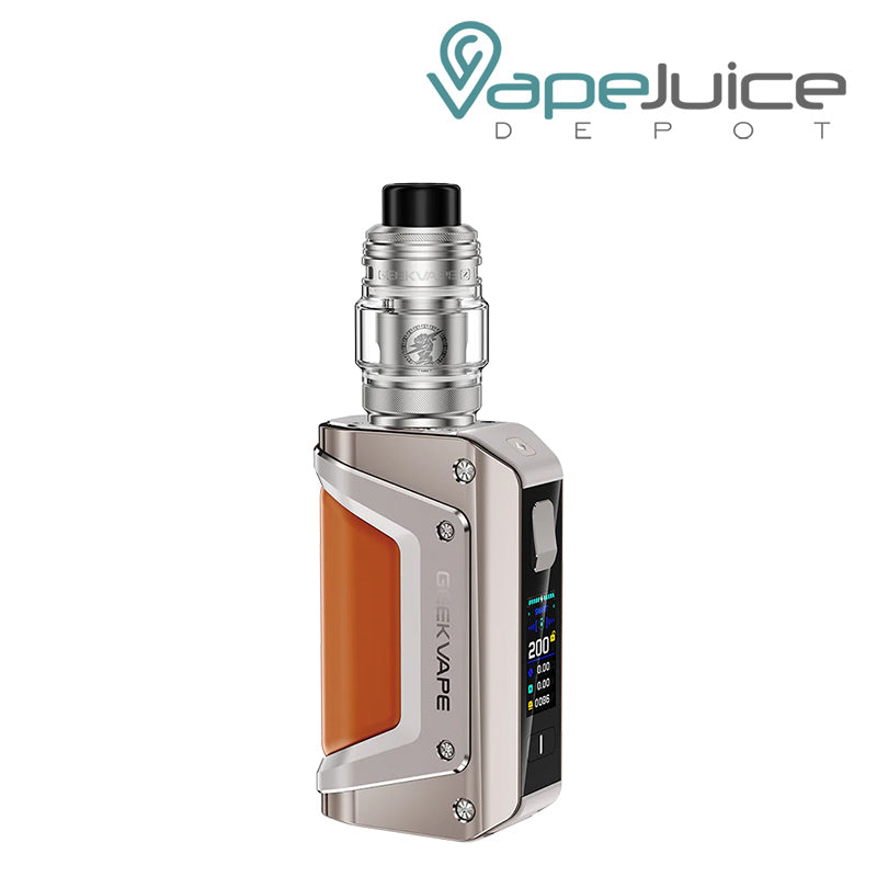 Titanium Gray GeekVape Aegis Legend 3 Kit (L200) with a display screen and adjustment button - Vape Juice Depot