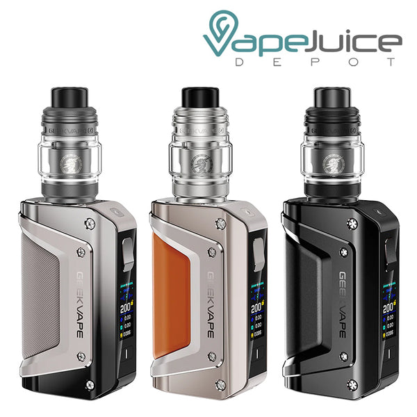 Three Flavors of GeekVape Aegis Legend 3 Kit (L200) with a display screen and adjustment button - Vape Juice Depot