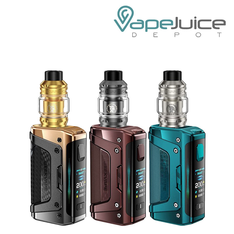 Three Colors of GeekVape Aegis Legend 5 Kit with a display screen and a button - Vape Juice Depot