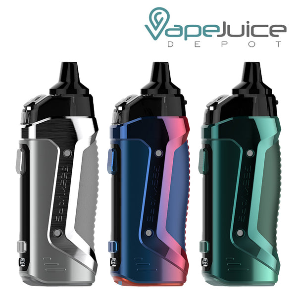 Three colors of GeekVape B60 Aegis Boost 2 Pod Kit and side firing button - Vape Juice Depot
