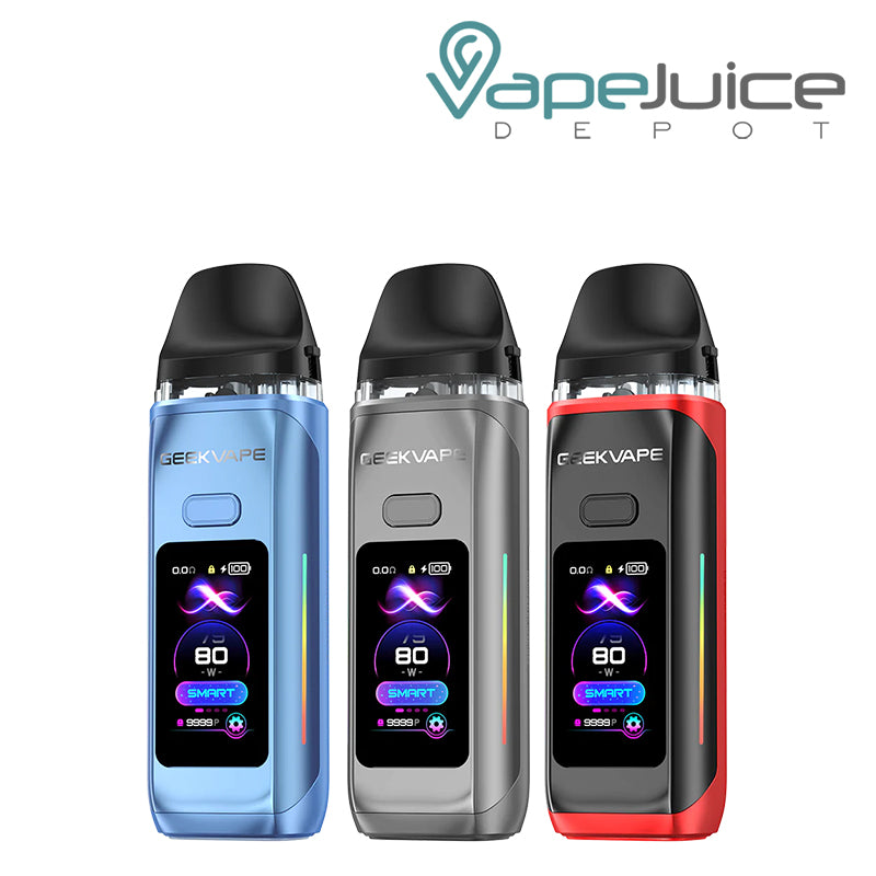 Three colors of  GeekVape Digi Max Pod System Kit with their smart screens next to each other- Vape Juice Depot