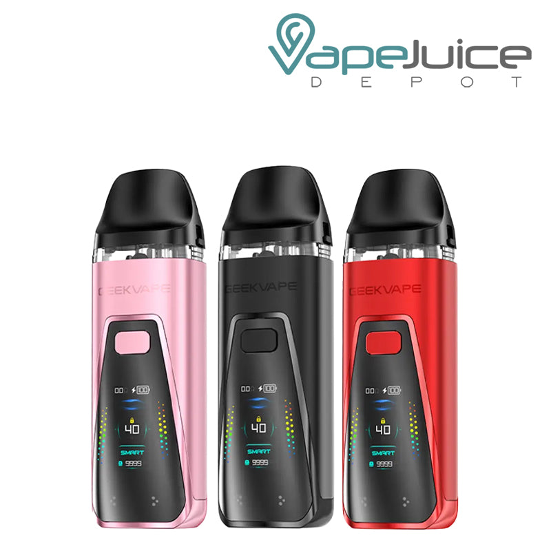 Three colors of GeekVape Digi Pro Pod System Kit next to each other - Vape Juice Depot