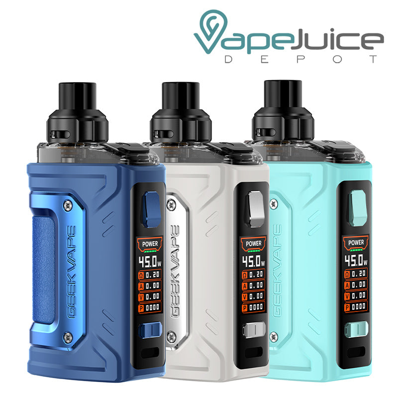 Three colors of GeekVape H45 Classic Pod Kit, a firing button and a screen - Vape Juice Depot