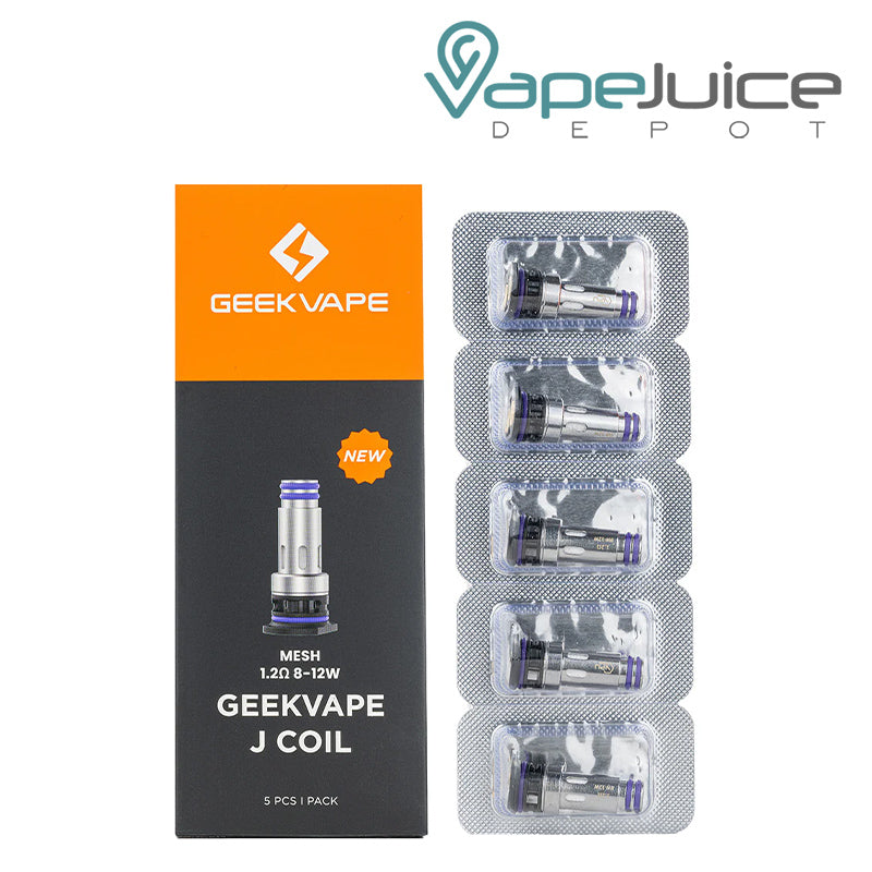 A Box of GeekVape J Series Coils 1.2 ohm next to 5pack of coils- Vape Juice  Depot