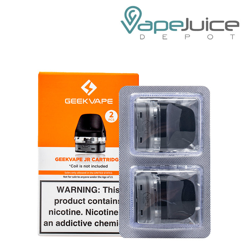 A GeekVape JR Replacement Pod pack with a warning sign next to two pods - Vape Juice Depot