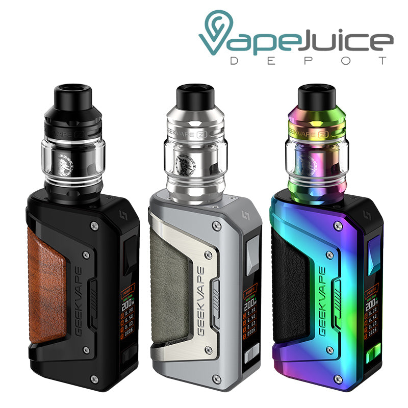 Three colors of GeekVape L200 Aegis Legend 2 Kit with a firing button and screen - Vape Juice Depot
