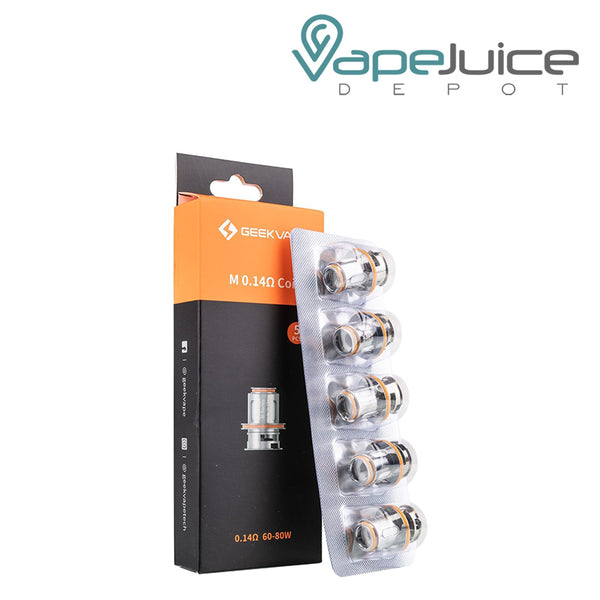 A Box of GeekVape M Series Replacement Coils and a pack of five coils next to it - Vape Juice Depot