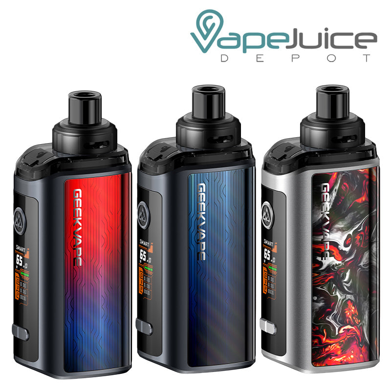 Three colors of GeekVape Obelisk 65 FC Pod Mod Kit with a firing button and a screen - Vape Juice Depot