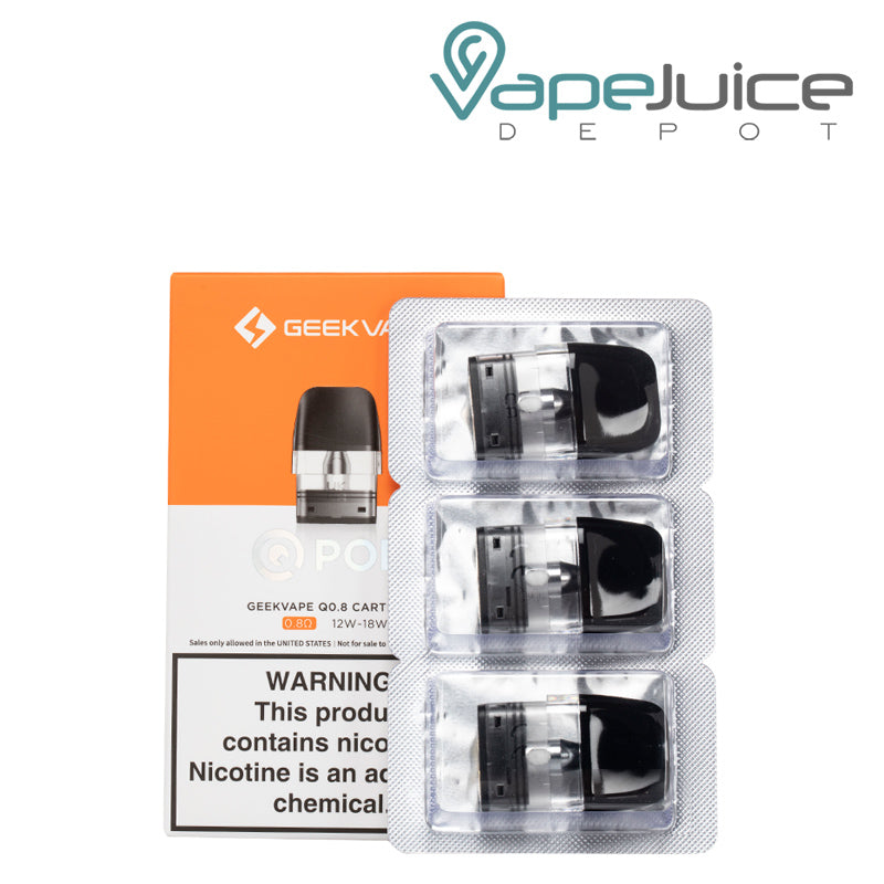 A box of GeekVape Q Replacement Pod 0.8ohm with a warning sign and a 3-pack next to it - Vape Juice Depot