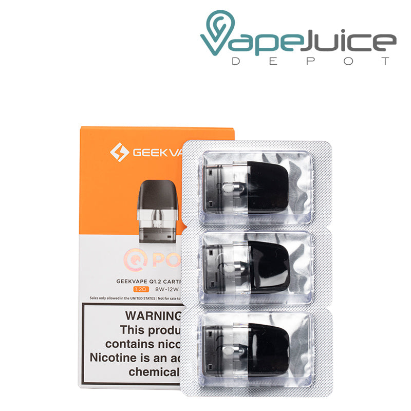 A box of GeekVape Q Replacement Pod 1.2ohm with a warning sign and a 3-pack next to it - Vape Juice Depot