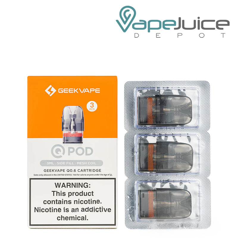 A Box of 3ml 0.6ohm GeekVape Q Replacement Pods with a warning sign and a pack of pods next to it - Vape Juice Depot