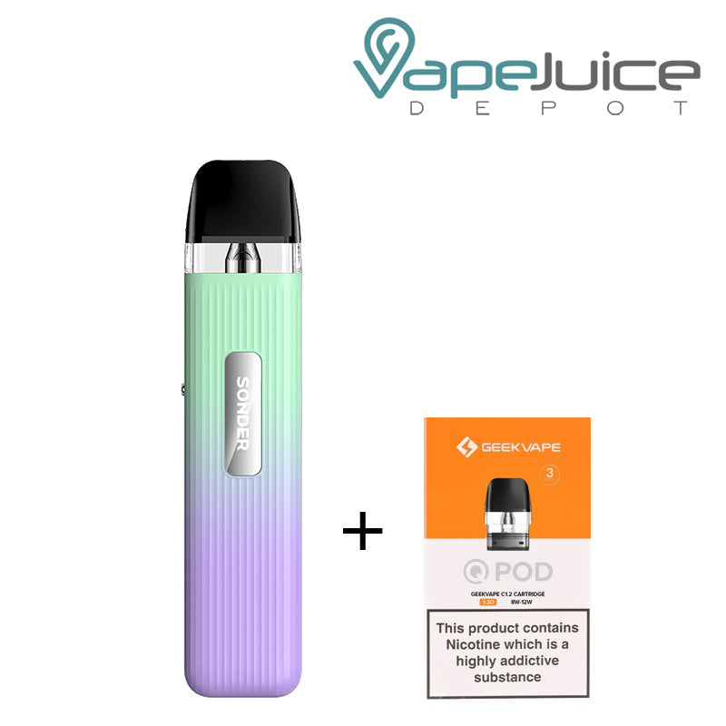 Green Purple GeekVape Sonder Q Pod System Kit and a box of GeekVape pod with a warning sign next to it - Vape Juice Depot